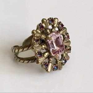 Sorrelli Royal Plum Crystal Spoke Cocktail Ring Antique Gold Tone Finish